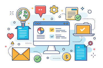 Aufkleber - A colorful digital illustration depicting a computer screen surrounded by various data elements, icons, and symbols representing technology and information processing