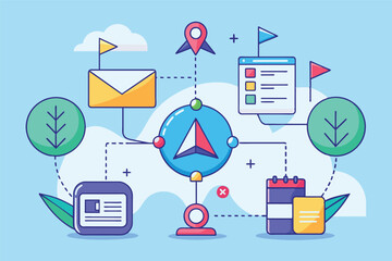 Aufkleber - A modern illustration depicting a compass surrounded by various icons representing navigation, documents, and information in a digital setting