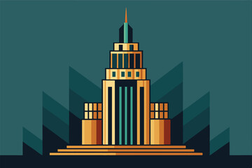 Poster - Iconic Art Deco skyscraper displayed against a sunset background showcasing geometric shapes and vibrant colors in a stylized design
