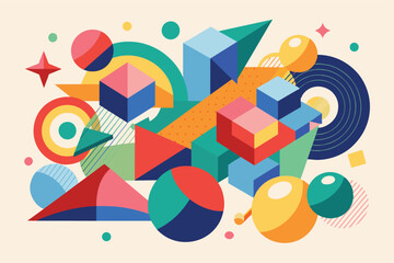 Aufkleber - Colorful abstract composition featuring geometric shapes, plants, and playful forms intertwined on a light background, showcasing creativity and design