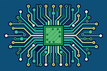 Poster - Circuit board design featuring intricate connections and vibrant colors, representing technological innovation and electronic engineering