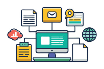 Fototapete - A colorful representation of data management showcasing a computer connected to various documents, gears, and cloud storage, symbolizing the integration of technology and information exchange
