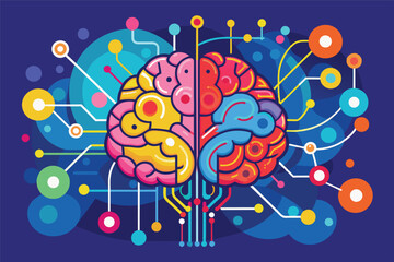 Poster - A colorful digital illustration of a brain connected to various technology nodes, symbolizing the fusion of neuroscience and artificial intelligence in a futuristic setting