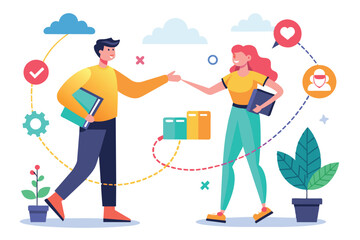 Aufkleber - A businesswoman and businessman engage in a discussion about networking strategies amid digital communication icons and imagery, reflecting modern workplace collaboration and connection