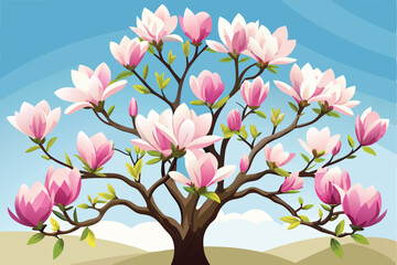 a vibrant magnolia tree with blooming pink flowers stands majestically against a bright blue sky ado