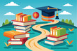 © SaroStock - A colorful pathway through piles of books leading to a graduation cap symbolizes the journey of education and learning in a vibrant landscape