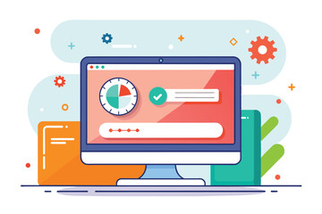 Leinwandbilder - A modern desktop computer displaying a progress bar, pie chart, and checkmark, set against a vibrant background with gears, designed for a technology or productivity concept