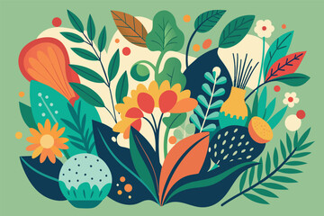 Poster - A vibrant illustration of various plants, flowers, and leaves arranged harmoniously against a soft green background, showcasing nature's beauty and diversity