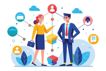 Aufkleber - A businesswoman and businessman engage in a discussion about networking strategies amid digital communication icons and imagery, reflecting modern workplace collaboration and connection