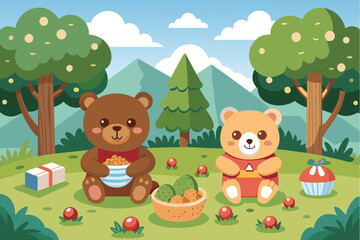 Poster - Two cartoon bears enjoying a picnic in a lush green meadow surrounded by mountains on a sunny day with colorful plants and gifts nearby