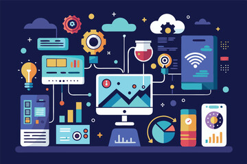 Aufkleber - A colorful digital workspace featuring various technology elements, charts, and data analytics tools set against a dark background in a visually engaging layout during daylight