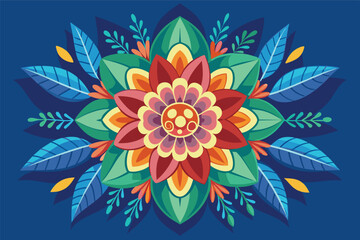 Poster - Colorful mandala design featuring intricate floral patterns and lush green leaves against a vibrant blue background