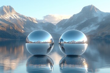 Sticker - Two Silver Spheres Reflecting Mountainous Landscape