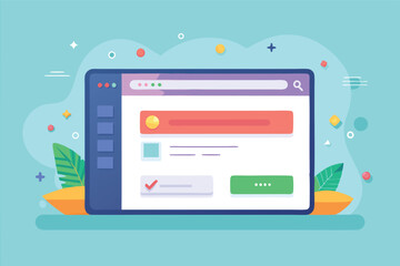 Poster - A colorful computer interface displaying various options, buttons, and a search bar, designed in a playful style with vibrant colors and decorative elements