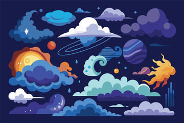 Wall Mural - Colorful celestial illustration depicting various clouds, planets, and cosmic elements against a dark blue background with vibrant colors and whimsical designs