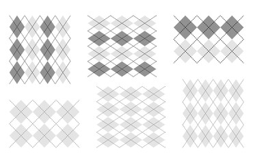 Set of Argyle seamless pattern lace. Uniform print for Fashion accessory clothing technical illustration. Vector greyscale Black lines flat sketch outline isolated on white background