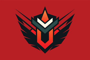 Aufkleber - A bold and dynamic graphic design featuring a stylized emblem with sharp angles and contrasting colors on a vibrant red background