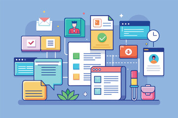 Aufkleber - Digital interface illustrating various elements of project management including tasks, notifications, and user profiles displayed in a colorful format with icons and illustrations