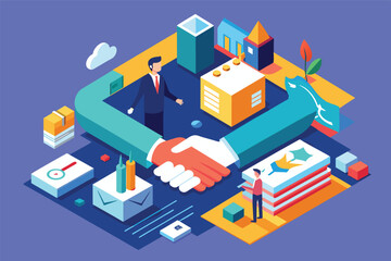 Poster - A team engages in a business partnership with a handshake symbolizing collaboration, surrounded by various office elements and abstract representations of success