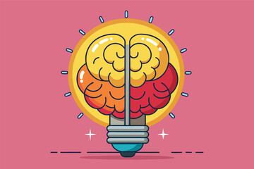 Poster - A creative illustration of a light bulb with a colorful brain design, symbolizing creativity and innovation in a vibrant pink background