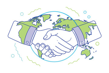 Leinwandbilder - A handshake symbolizes global partnership with a world map illustrating unity and collaboration among diverse nations