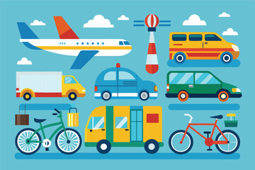 A colorful collection of transportation modes including airplanes, cars, buses, and bicycles against a bright blue background depicting a lively travel environment