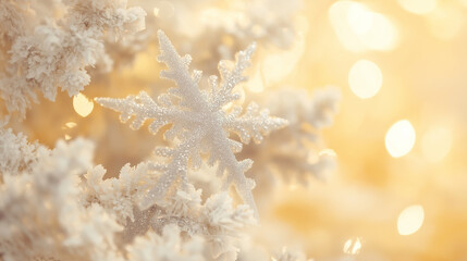 a frosted christmas tree with white snowflake ornaments and a silver star against an isolated warm-toned background