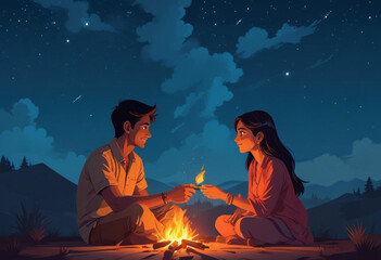 Comic A young Indian couple sitting on the ground under a starry night sky