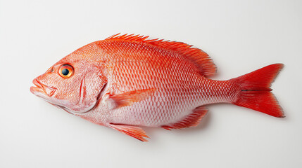 a whole red snapper with its vivid red scales and bright eyes against an isolated white background