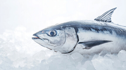 a whole tuna fish displayed on a bed of crushed ice against an isolated white background