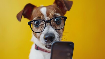 A dog wearing glasses, looking curiously at a smartphone against a bright yellow background.