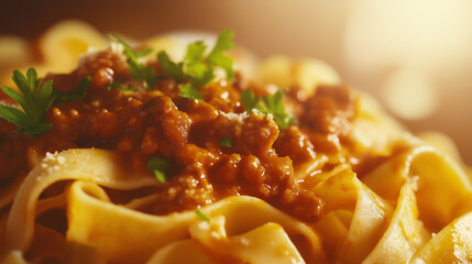 tagliatelle with bolognese sauce with a hearty meat sauce and fresh parsley against an isolated warm-toned background