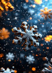 Wall Mural - A snowflake is suspended in the air with other snowflakes around it. The snowflake is surrounded by a blurry background, giving the impression of a dreamy, ethereal atmosphere