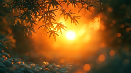 Wall Mural - silhouetted leaves frame a warm sunset glow, creating a peaceful and serene scene.