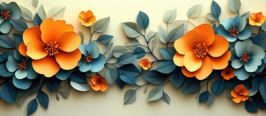 Wall Mural - Paper Flowers in a Blue and Orange Symphony