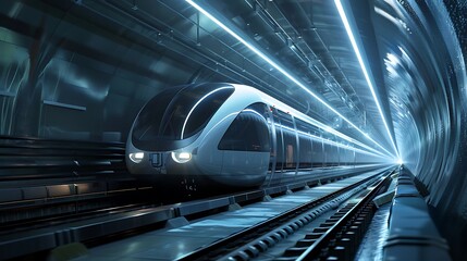 A futuristic train traveling through a sleek, illuminated tunnel.