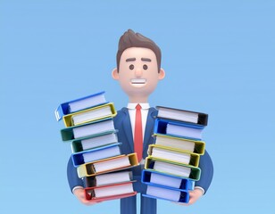 3D smiling businessman holds two stacks of colorful binders, 3D illustration