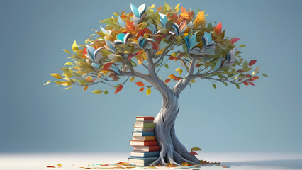 Wall Mural - stylized tree with colorful books and leaves: 3d rendering of growth and knowledge generative ai