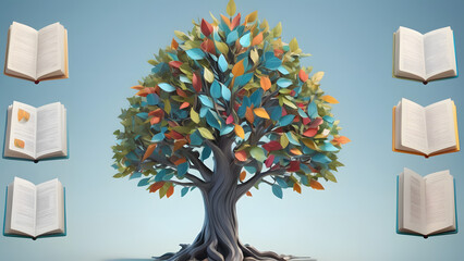 Wall Mural - stylized tree with colorful books and leaves: 3d rendering of growth and knowledge generative ai