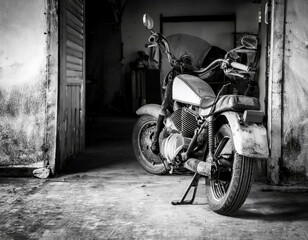 Antique motorcycle inside an old garage. 