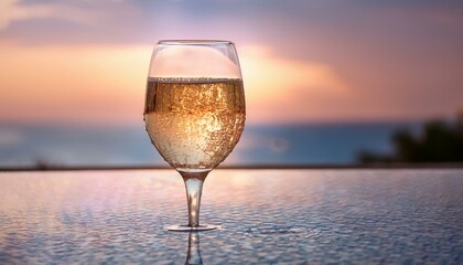 A clear glass of sparkling rosé with tiny bubbles rising to the top, set against a gently bl