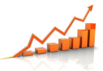 3D Render of an Orange Upward Trend Business Growth Graph with Arrow on White Background.