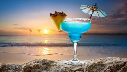  A crystal-clear margarita glass filled with a vibrant blue ocean cocktail, garnished with a 