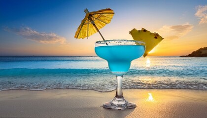 Wall Mural - A crystal-clear margarita glass filled with a vibrant blue ocean cocktail, garnished with a 