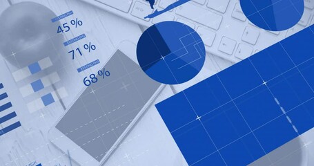 Canvas Print - Animation of data processing and diagrams over office table with equipment