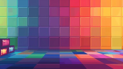 A colorful, abstract background with a rainbow gradient of squares.