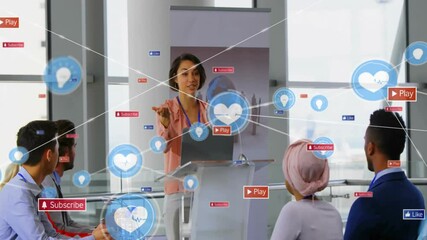 Wall Mural - Animation of network of connections over diverse colleagues discussing work in office