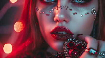 A close-up of a woman's face with red lipstick and jeweled makeup.