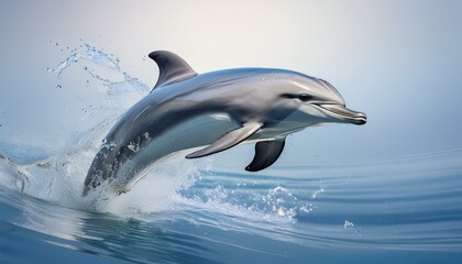 Wall Mural -  A streamlined dolphin mid-leap, with a slight splash of water beneath. The background is a s