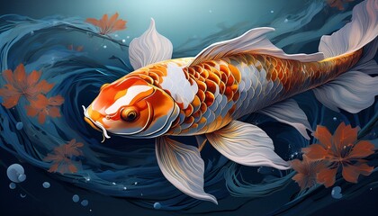 Wall Mural -  tranquil koi fish swimming in clear water, subtle ripples and reflections, with open space